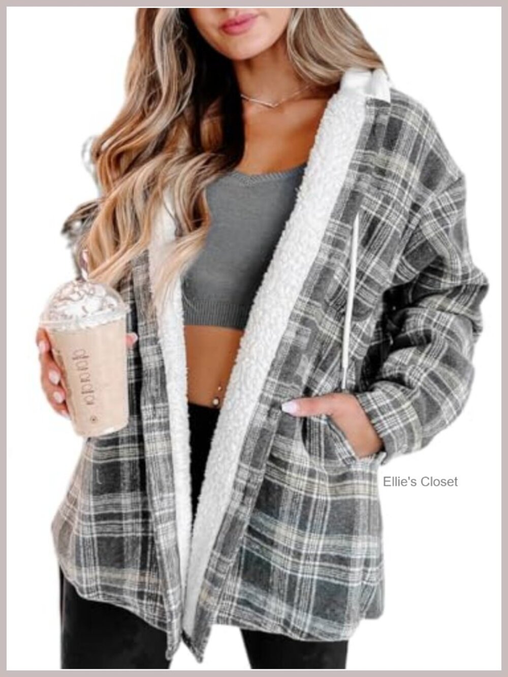 Sherpa Lined Flannel Shacket Women Fleece Jacket Plaid Button Hoodie